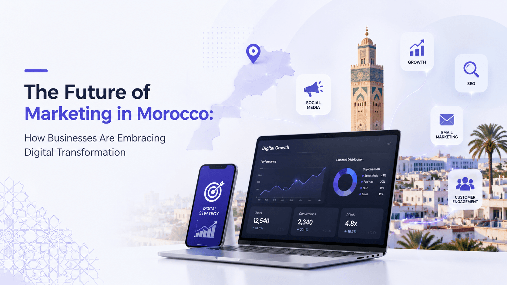 Modern digital marketing dashboard representing the future of marketing in Morocco with business analytics, SEO, social media, and digital transformation.